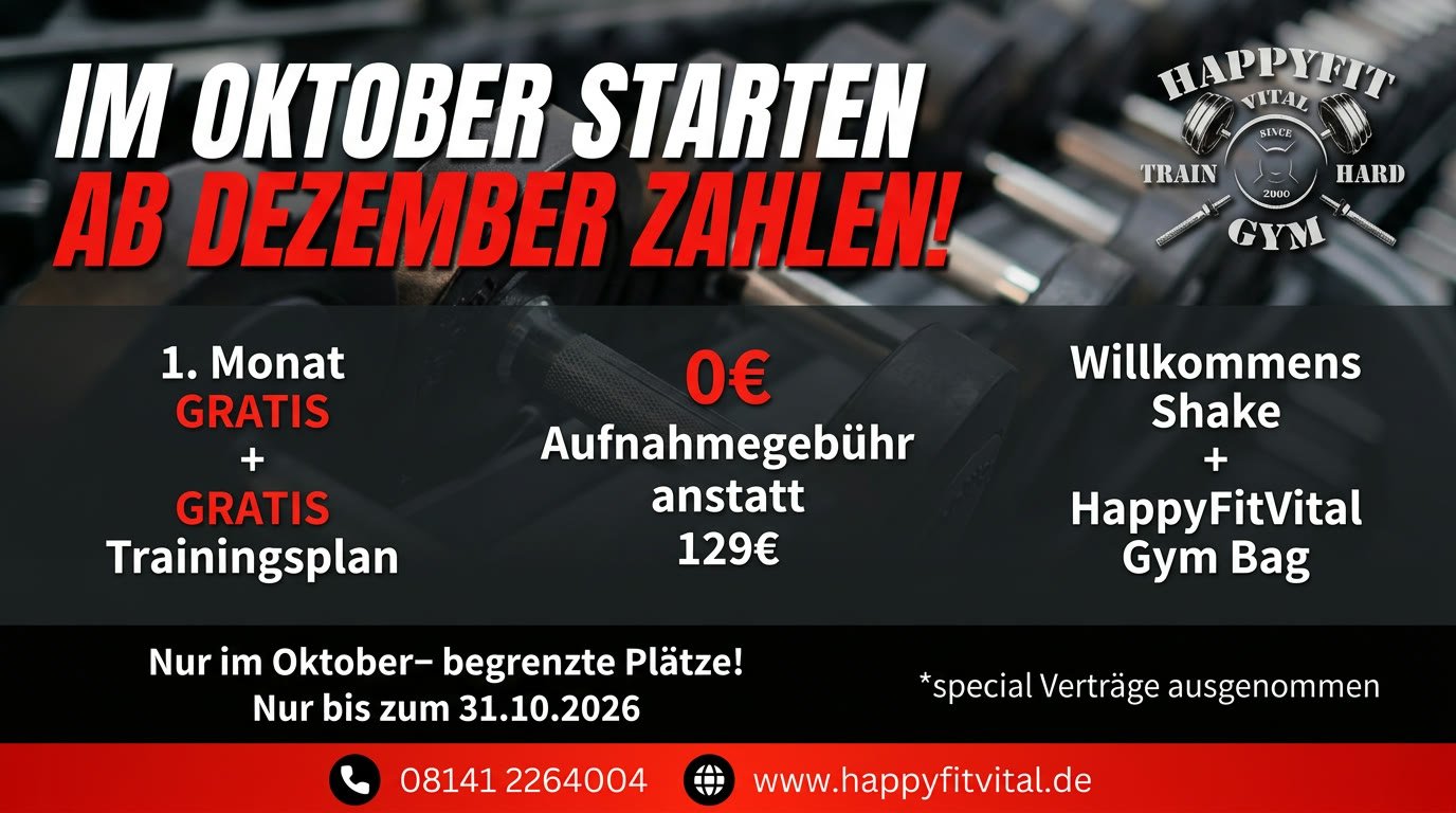 Monatsspecial: Im Oktober starten, ab Dezember zahlen – 1. Monat gratis, 0 € Aufnahmegebühr, gratis Trainingsplan, Willkommens-Shake und Gym Bag